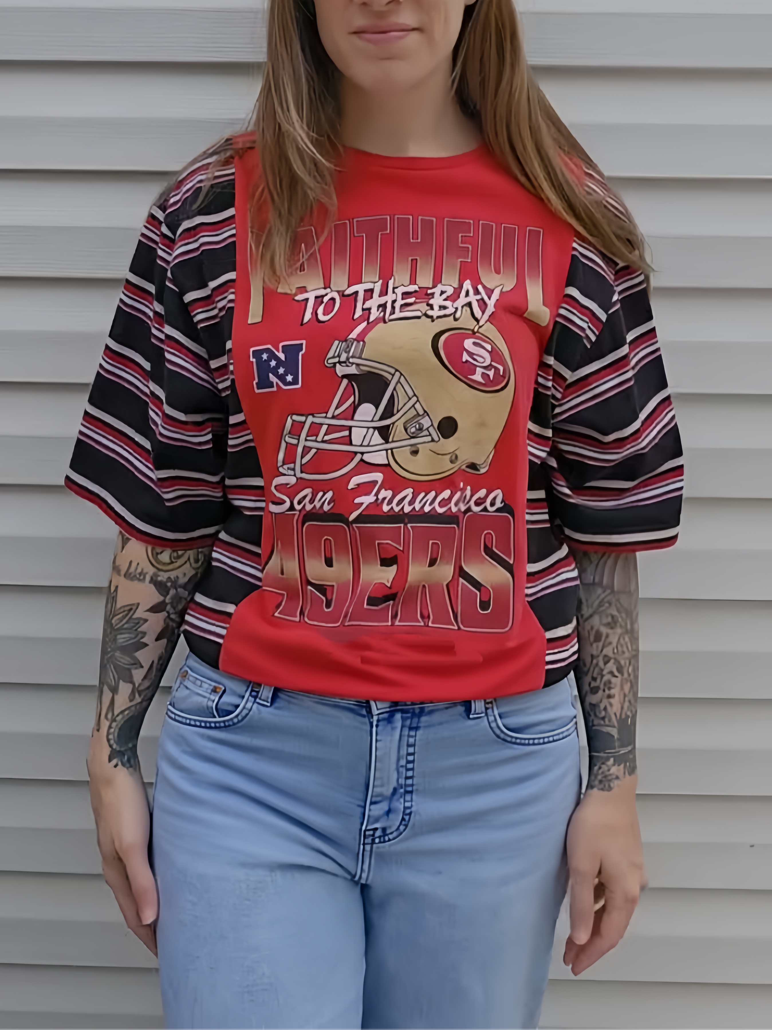 San Francisco 49ers Patchwork Striped Short Sleeve Football Tee