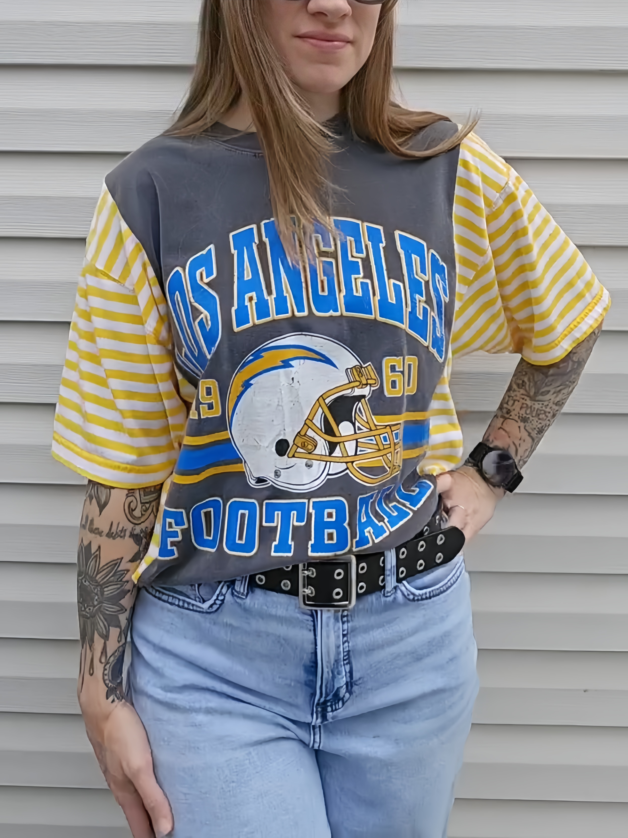 Los Angeles Chargers Patchwork Striped Short Sleeve Football Tee