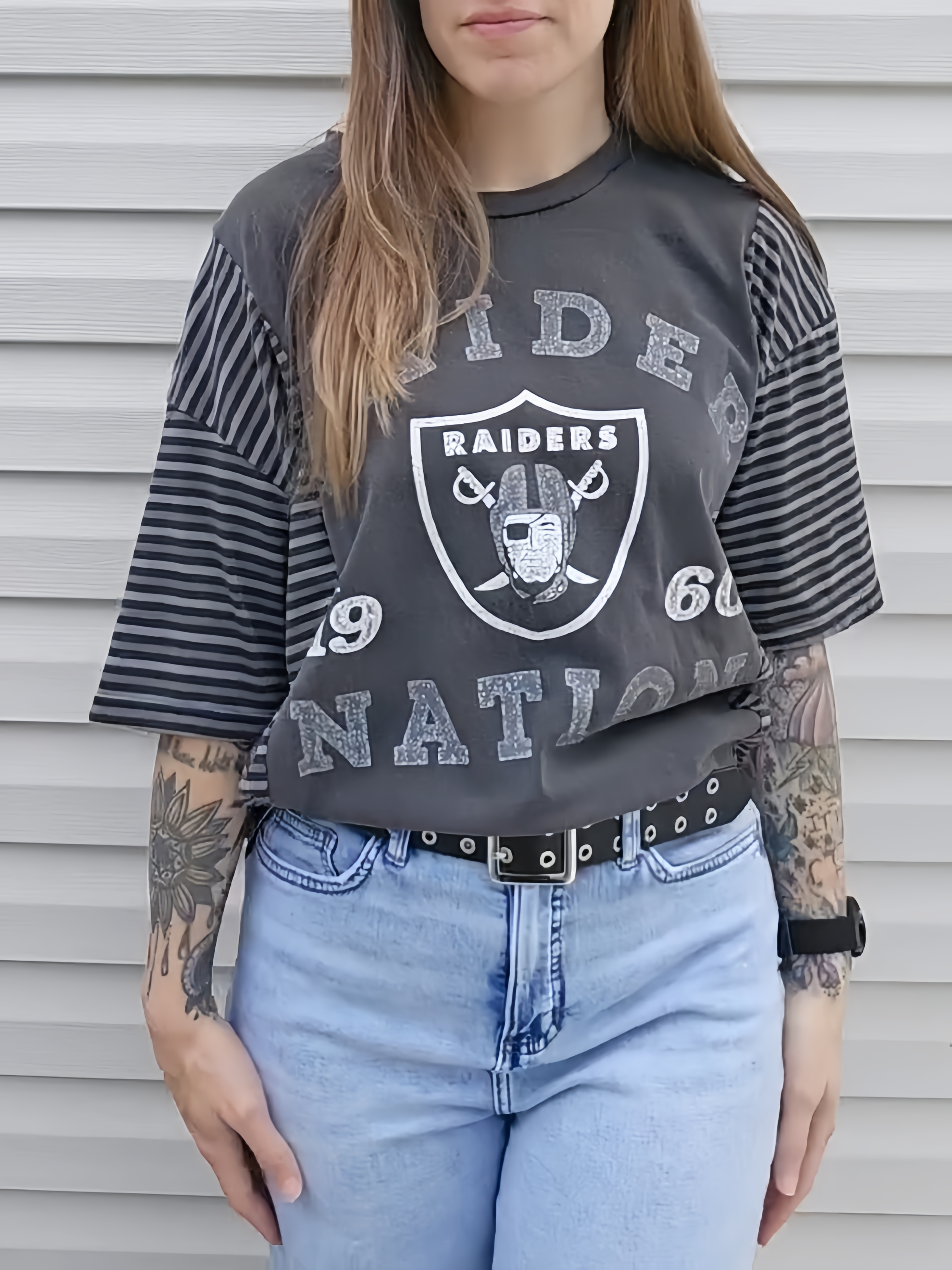Las Vegas Raiders Patchwork Striped Short Sleeve Football Tee