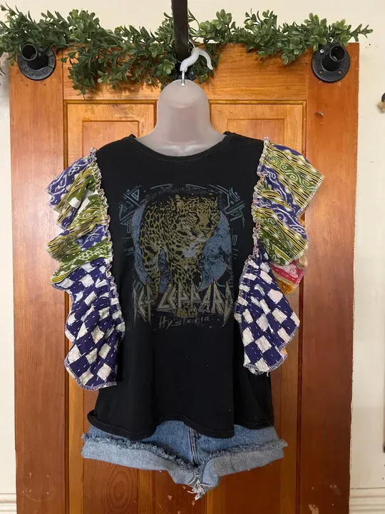 Def Leppard Hysteria kantha ruffle sleeves tee