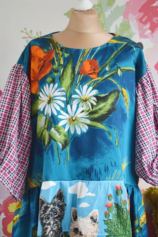 Scottie Dog Floral Plaid Patchwork Dress