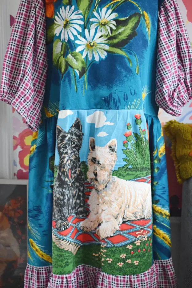 Scottie Dog Floral Plaid Patchwork Dress