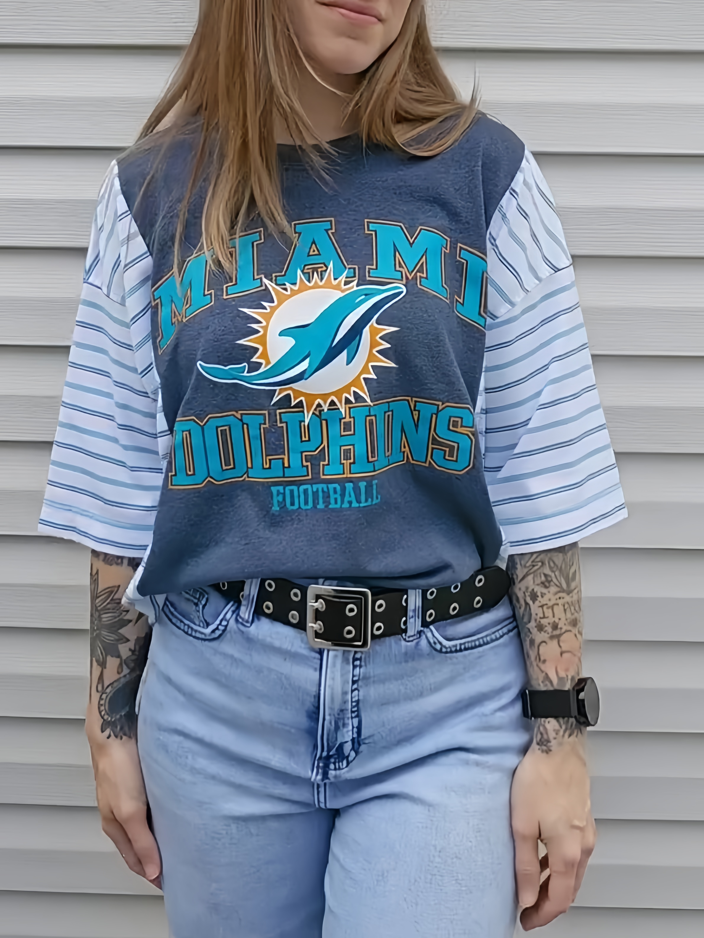 Miami Dolphins Patchwork Striped Short Sleeve Football Tee
