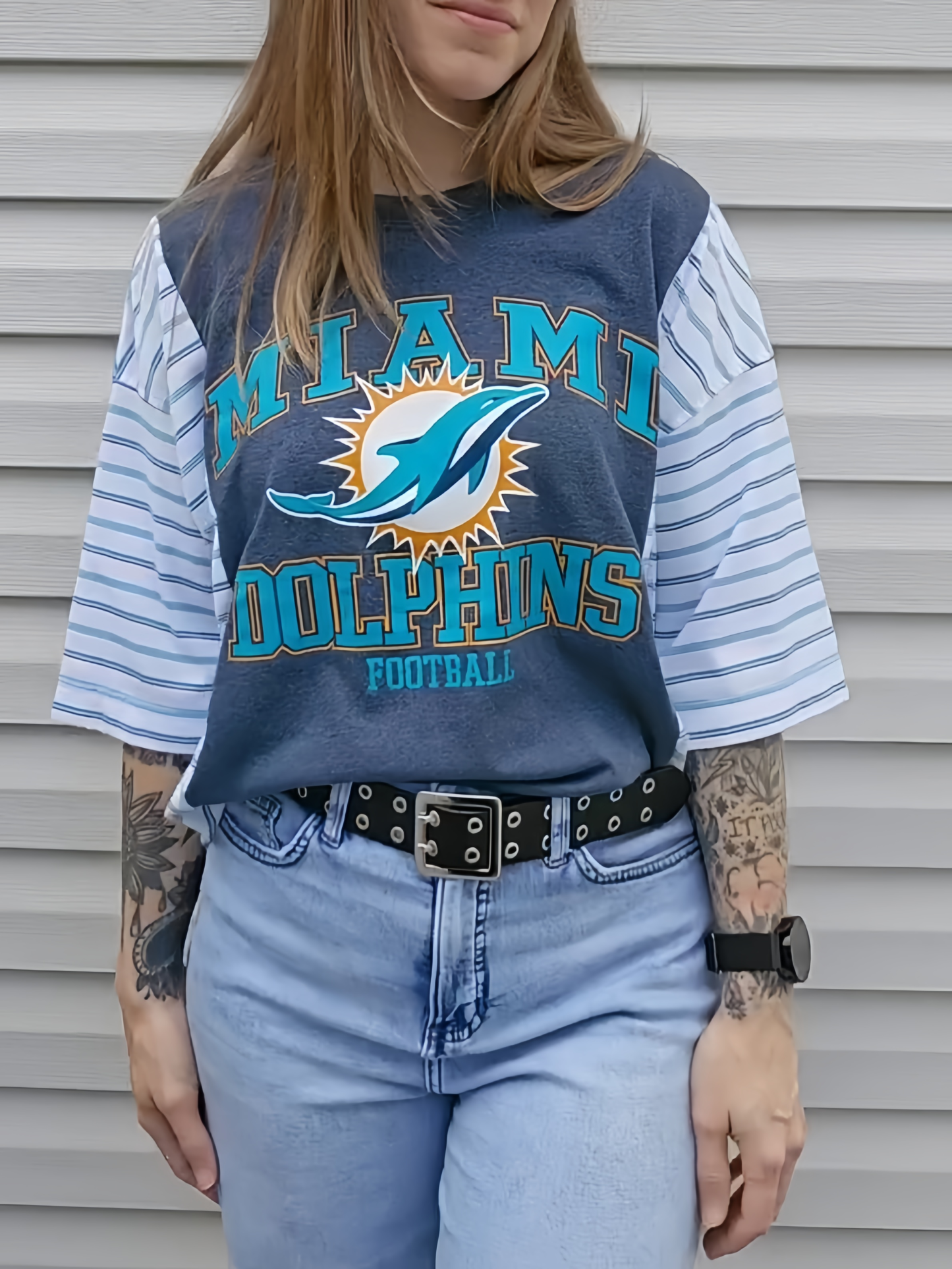 Miami Dolphins Patchwork Striped Short Sleeve Football Tee