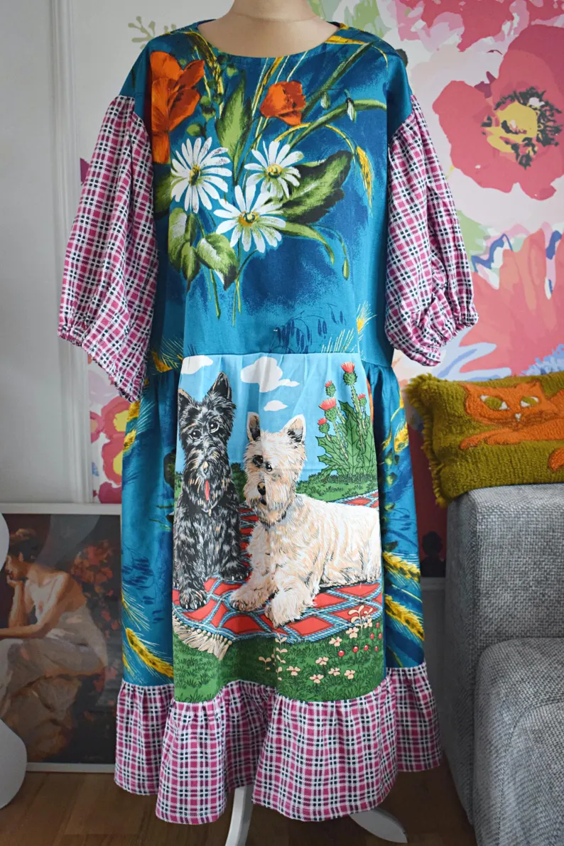 Scottie Dog Floral Plaid Patchwork Dress