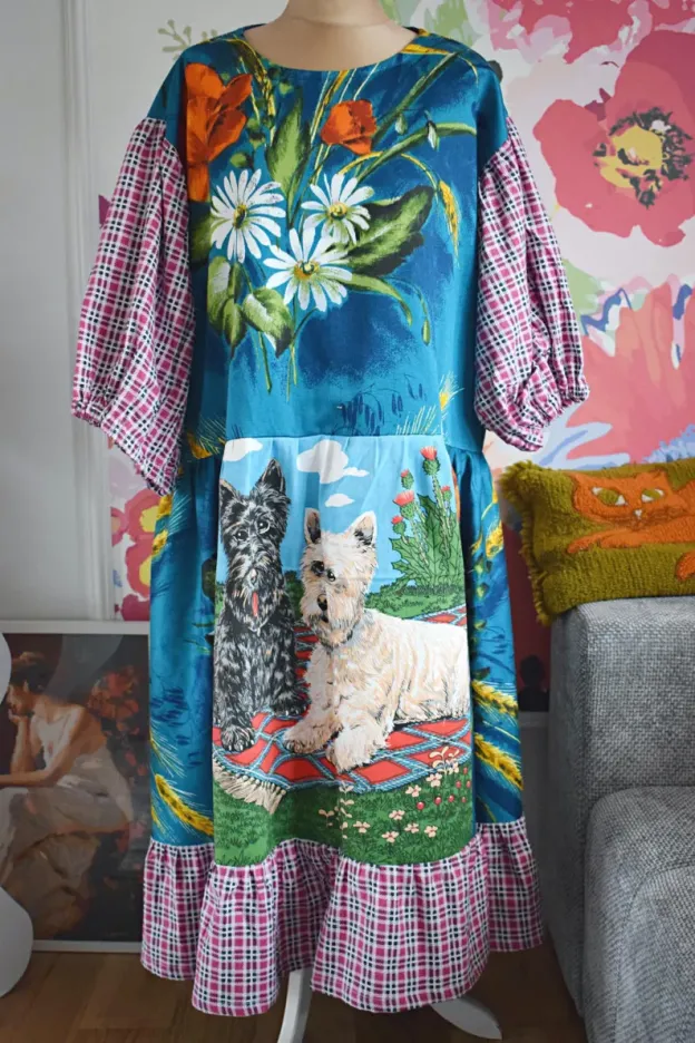 Scottie Dog Floral Plaid Patchwork Dress