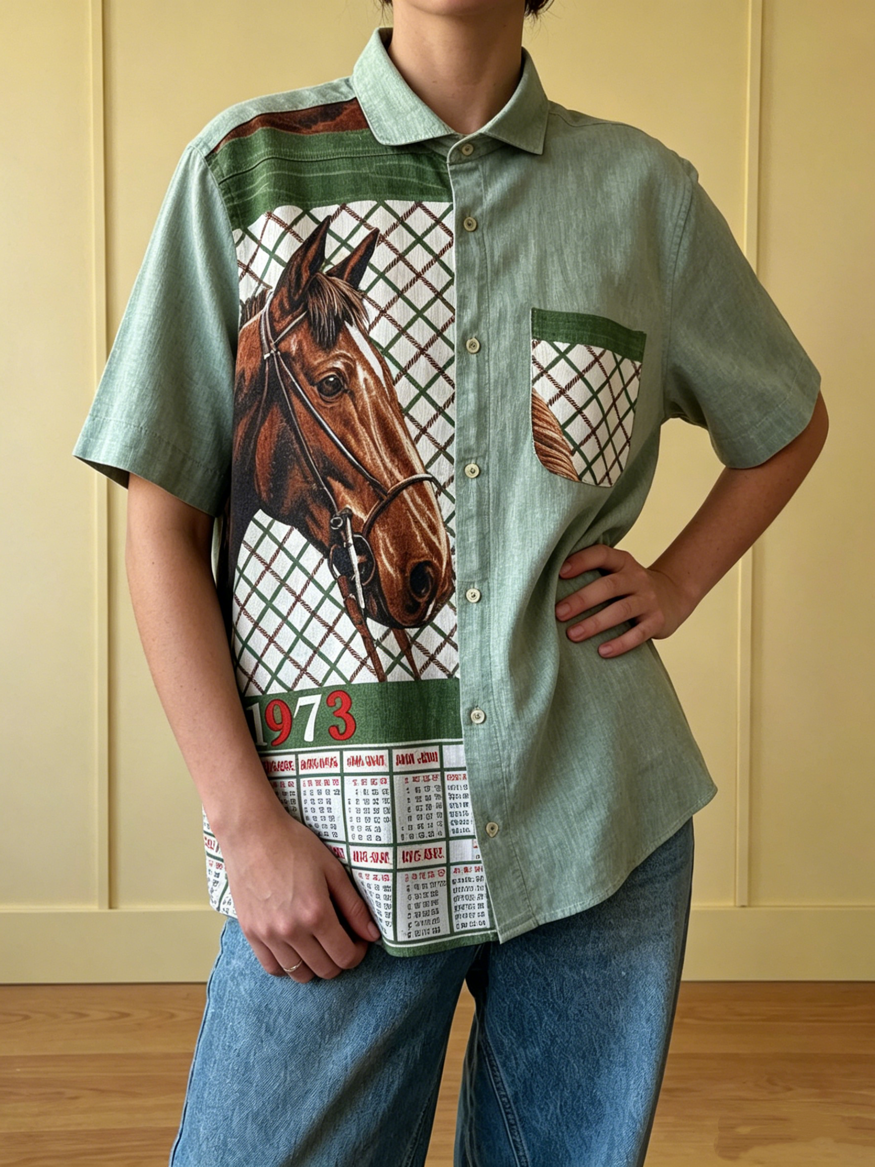 Vintage Horse 1973 Calendar Patchwork Cotton Linen Short Sleeve Shirt