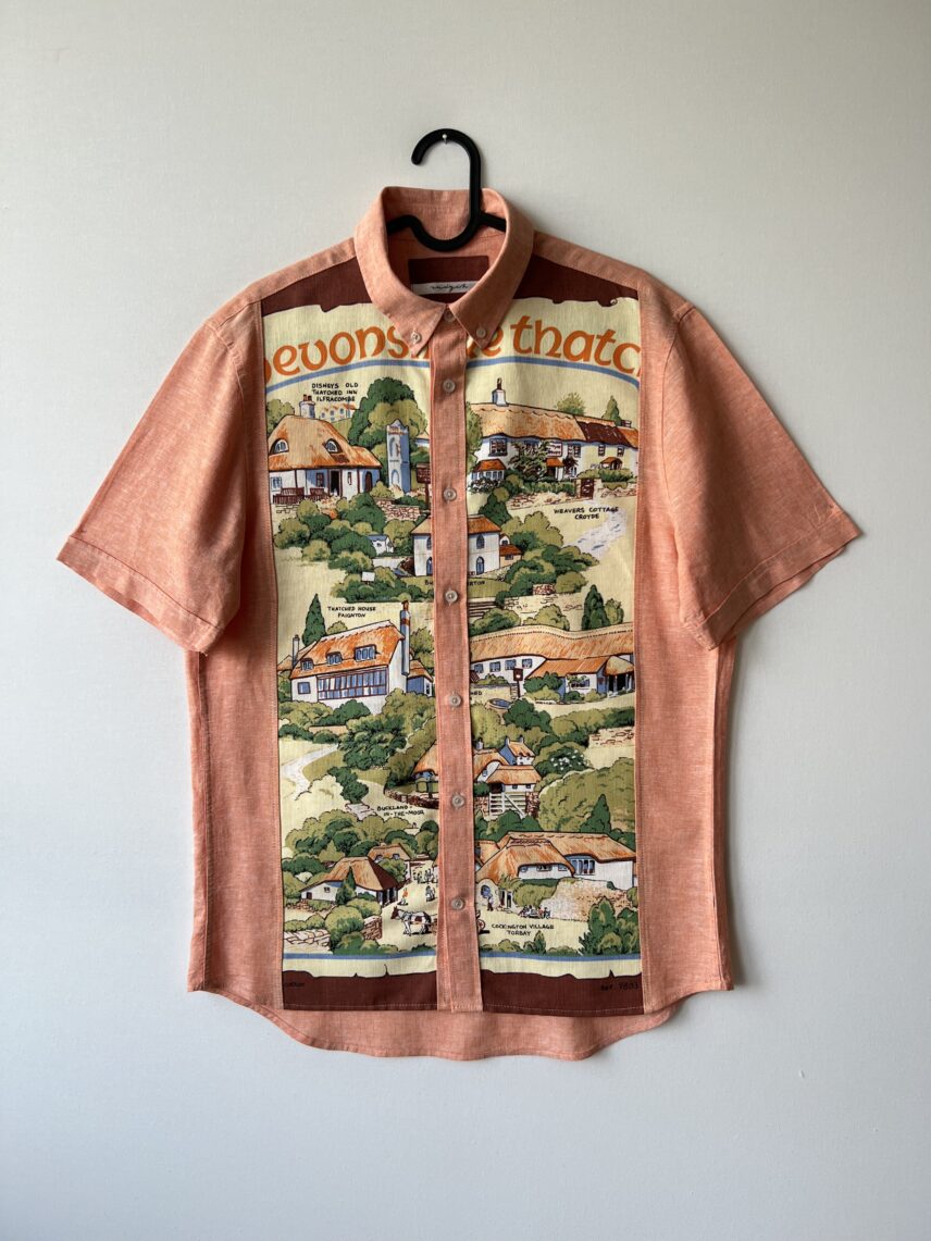 Vintage Devon Village Landscape Cotton Linen Short Sleeve Shirt