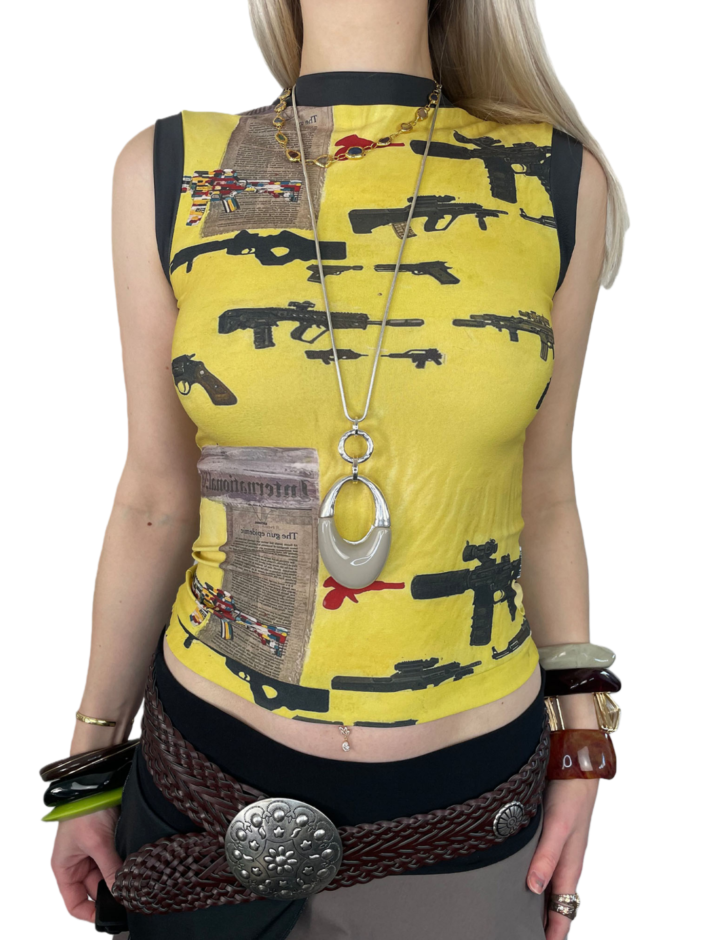 Vintage Gun Print Sleeveless Crop Top