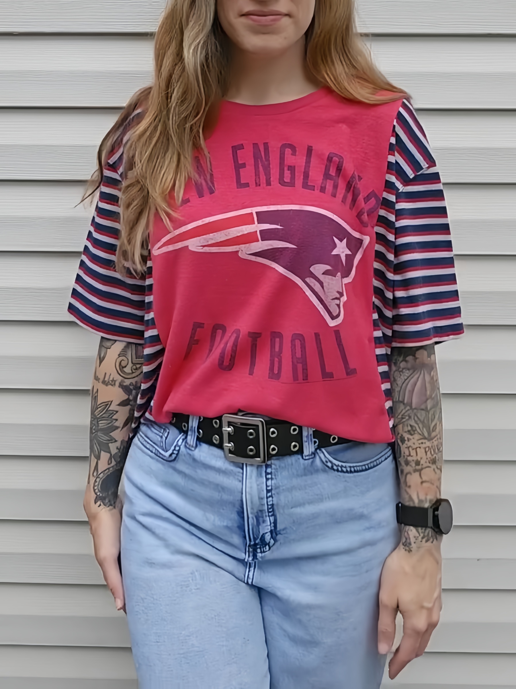 New England Patriots Patchwork Striped Short Sleeve Football Tee