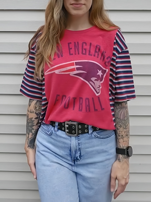 New England Patriots Patchwork Striped Short Sleeve Football Tee