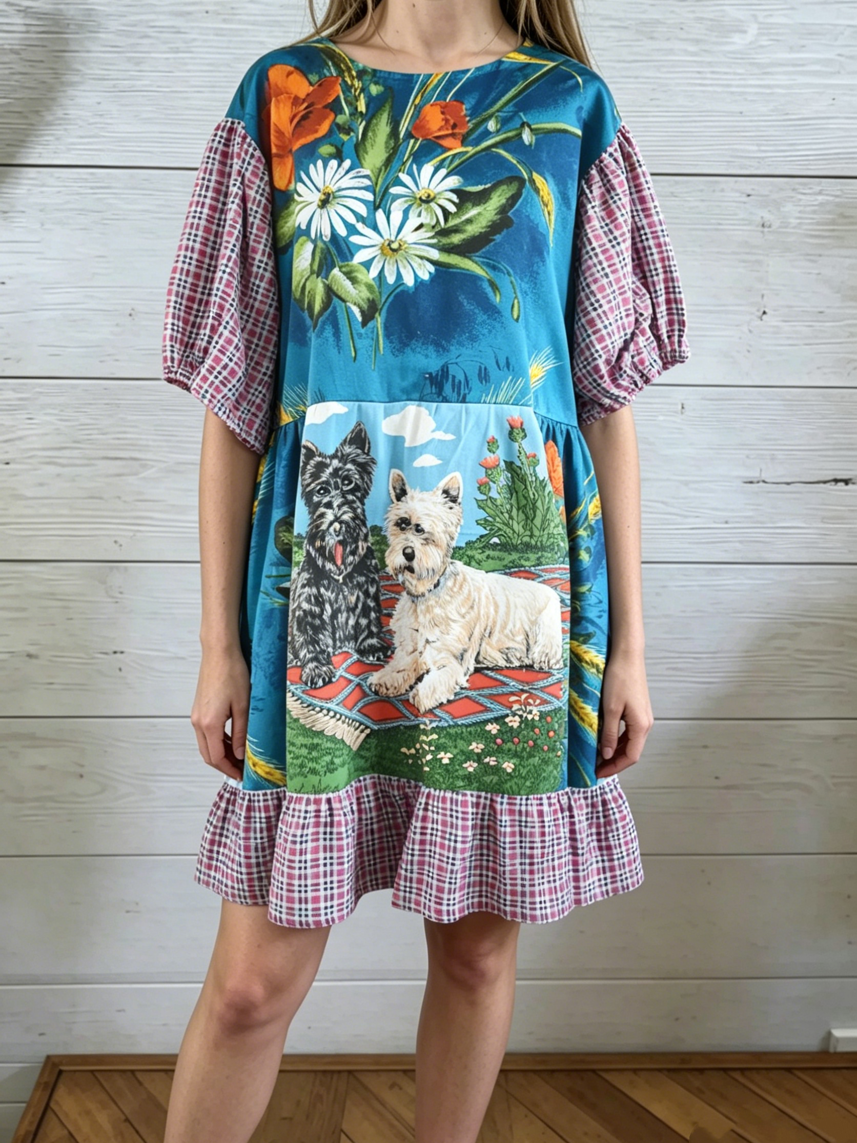 Scottie Dog Floral Plaid Patchwork Dress