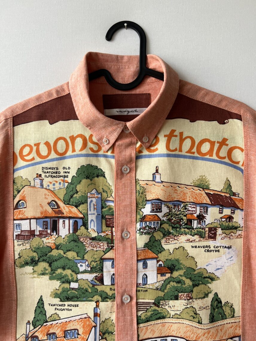 Vintage Devon Village Landscape Cotton Linen Short Sleeve Shirt