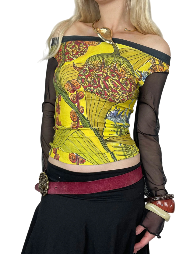 Vintage Floral Print Sheer-Sleeve Off-Shoulder Crop Top