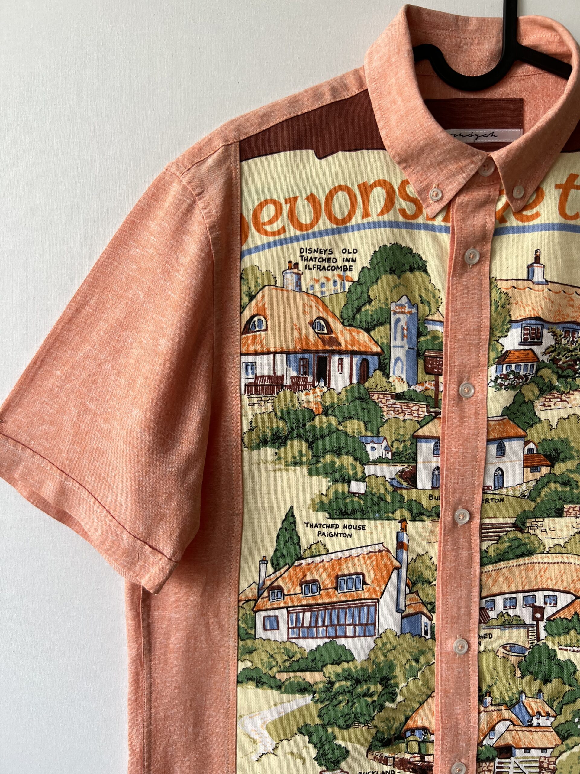 Vintage Devon Village Landscape Cotton Linen Short Sleeve Shirt