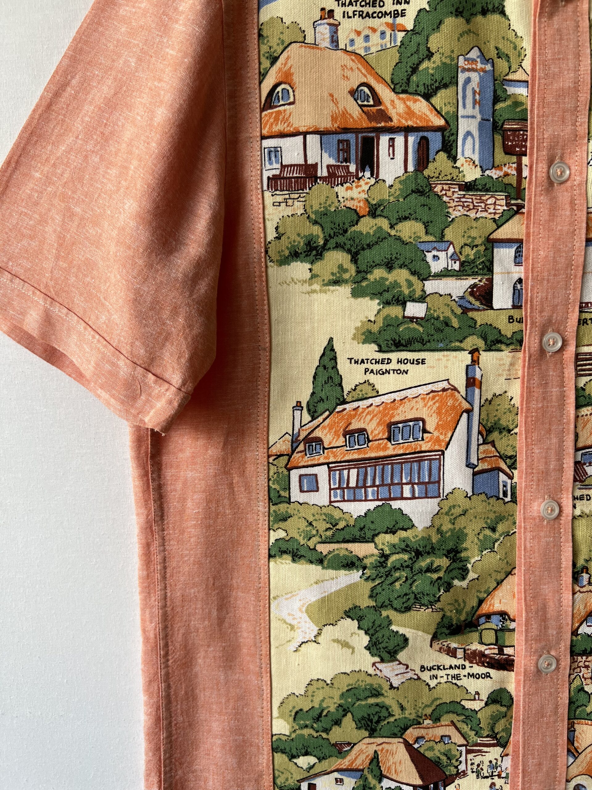 Vintage Devon Village Landscape Cotton Linen Short Sleeve Shirt
