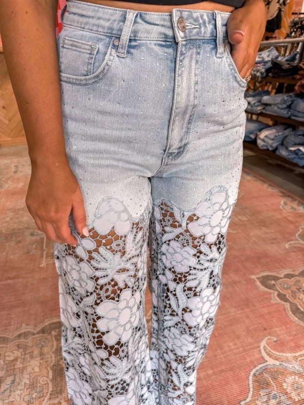 Rhinestone Spliced Jeans