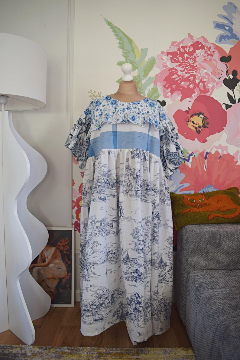 Original Blue Toile De Jouy Patchwork Maxi Dress