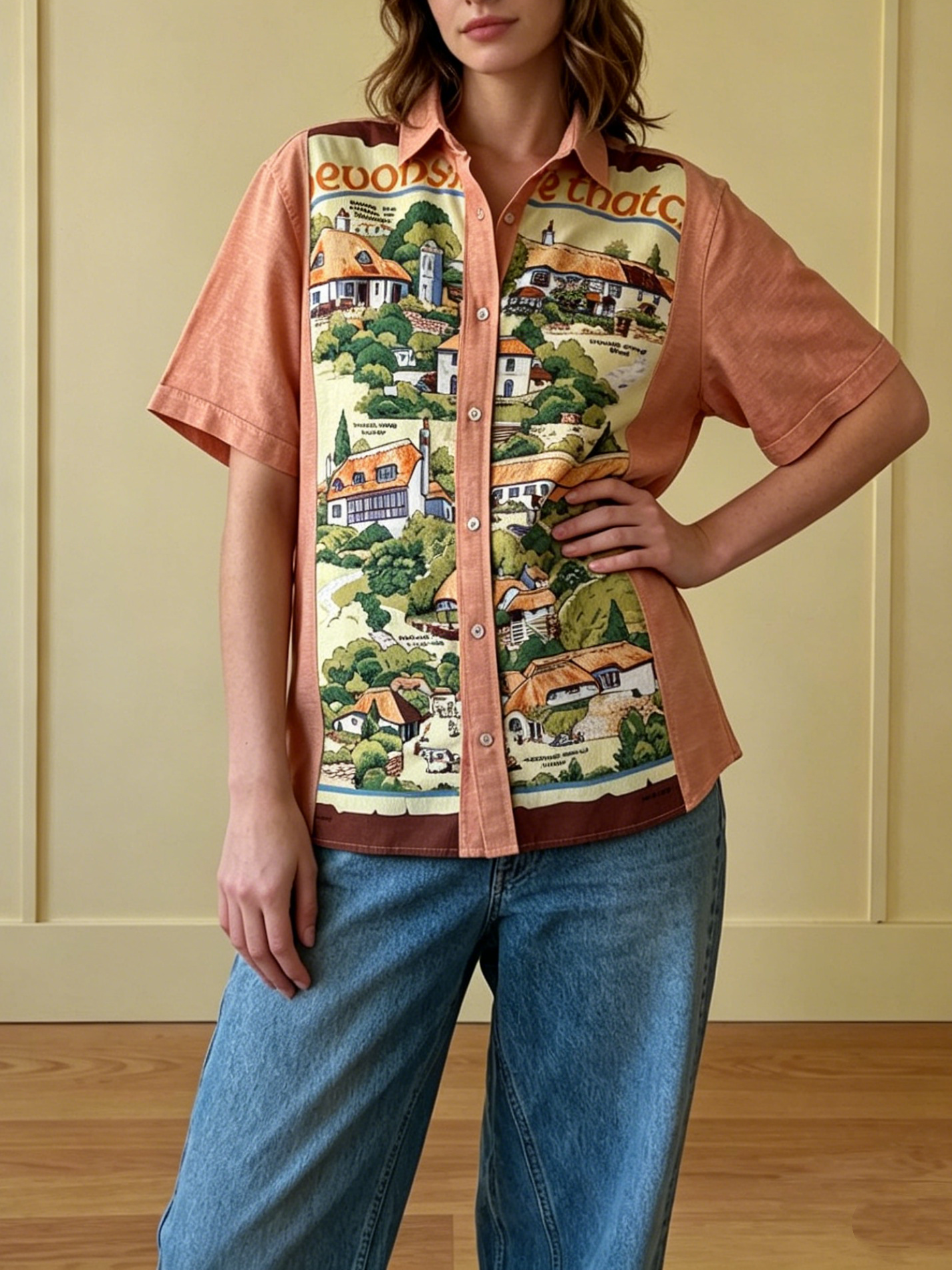 Vintage Devon Village Landscape Cotton Linen Short Sleeve Shirt
