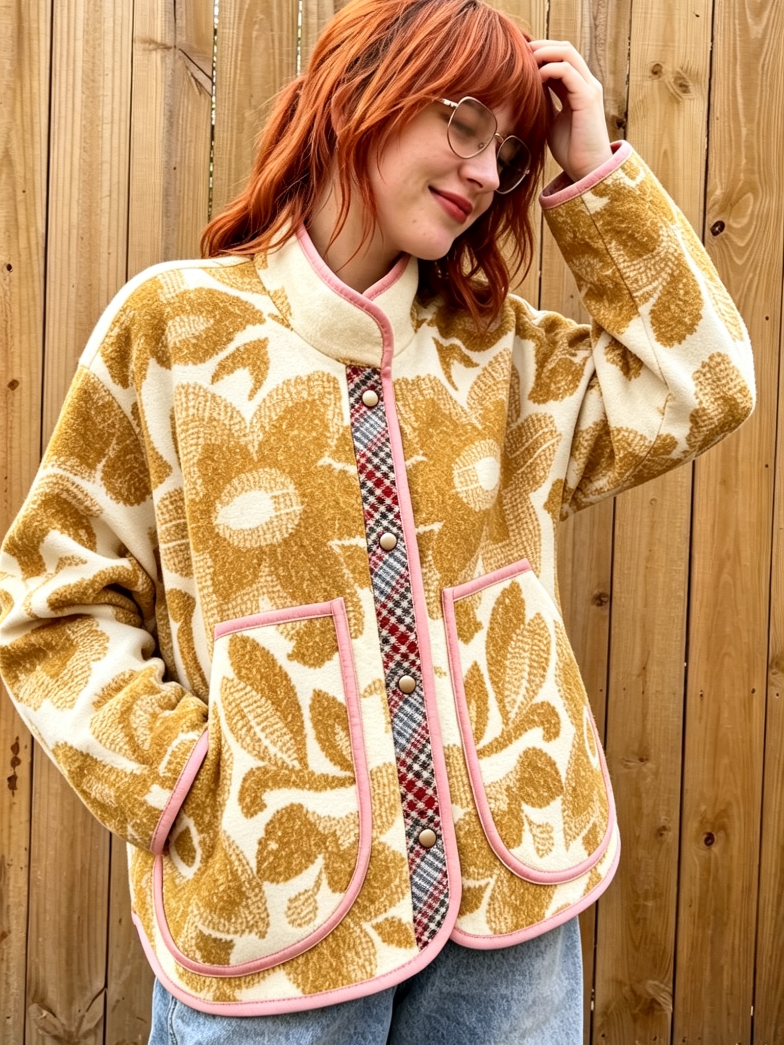 Pink Trim Floral Jacquard Retro Jacket