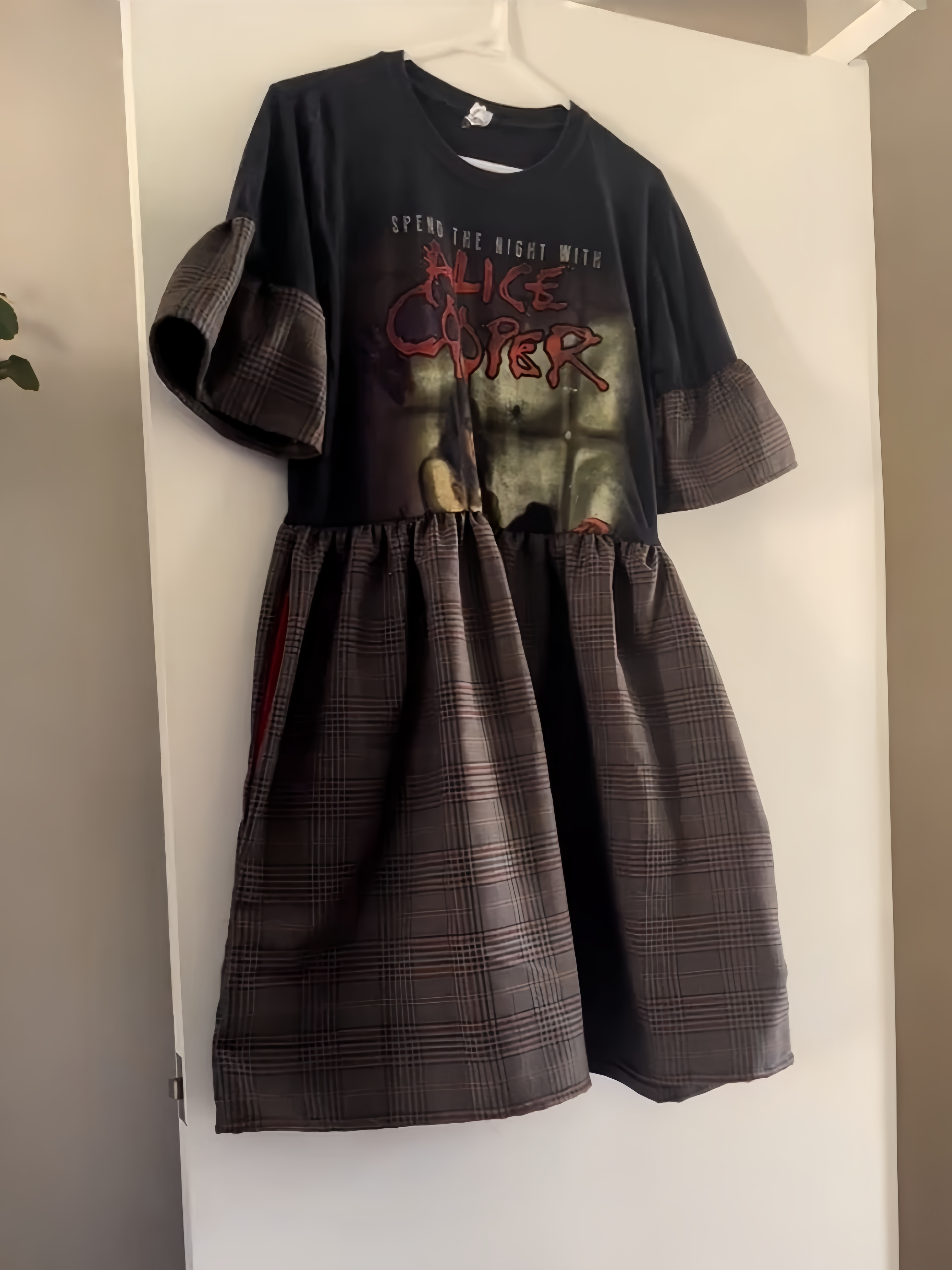 Alice Cooper Upcycled Plaid Band Tee Dress