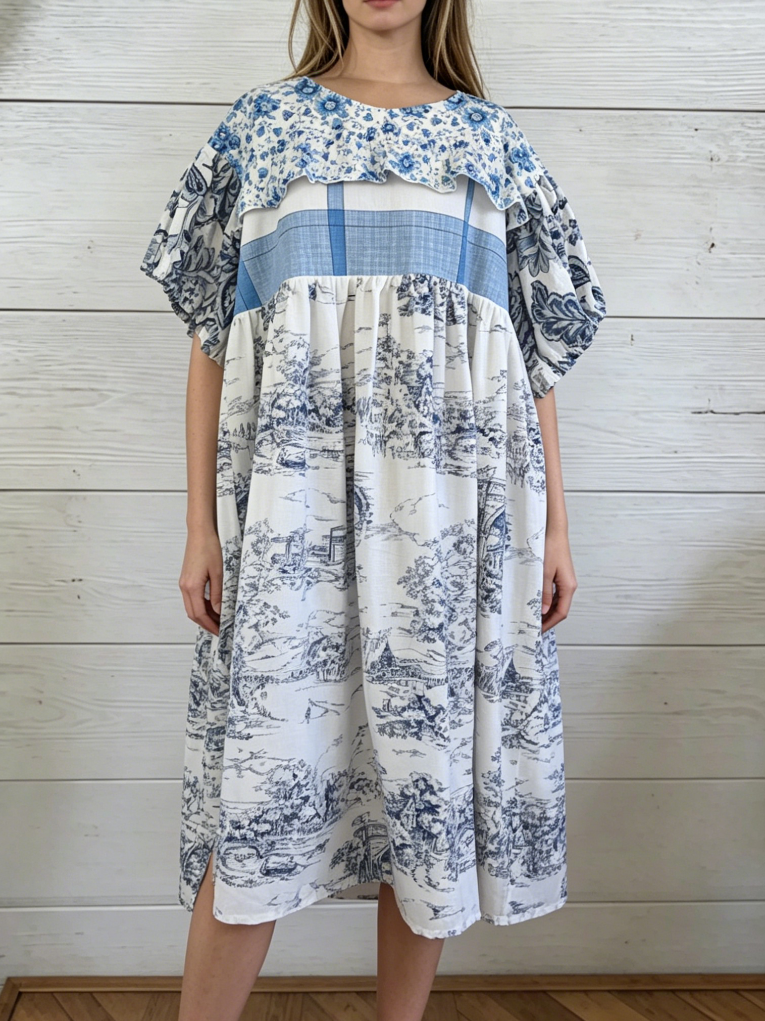 Original Blue Toile De Jouy Patchwork Maxi Dress