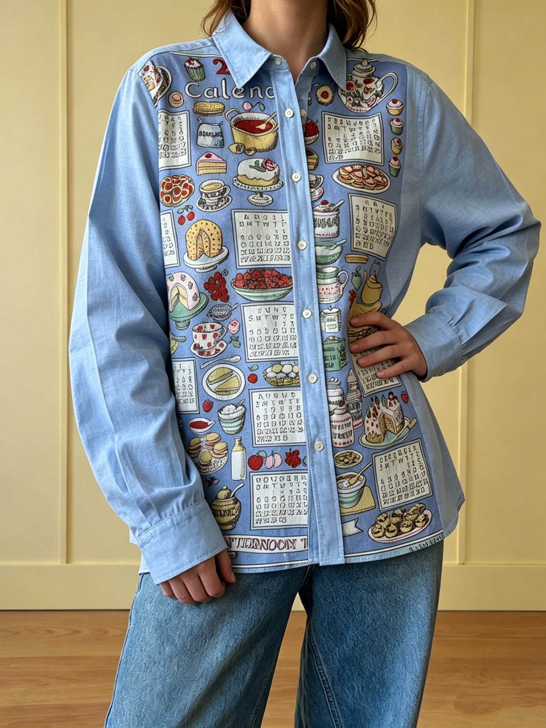 Vintage Afternoon Tea Calendar Cotton Linen Long Sleeve Shirt