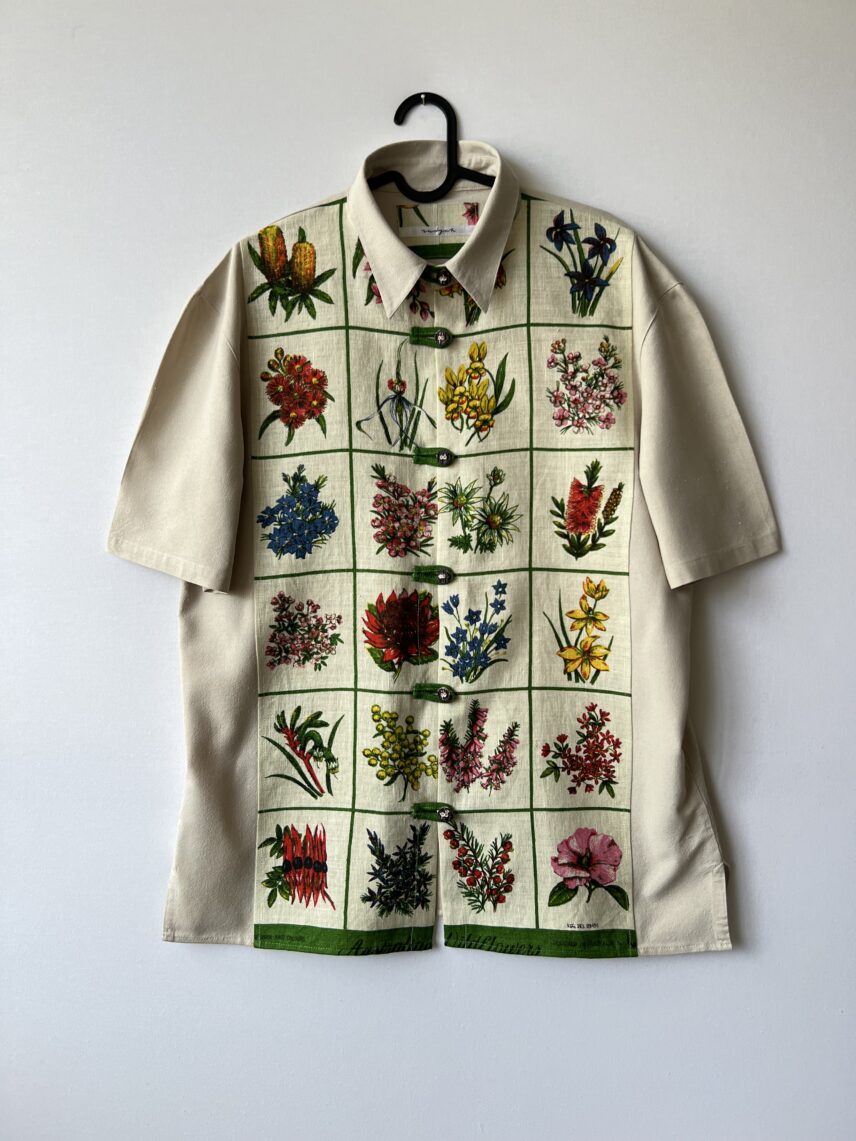 Australian Wildflower Grid Print Cotton Linen Short Sleeve Shirt
