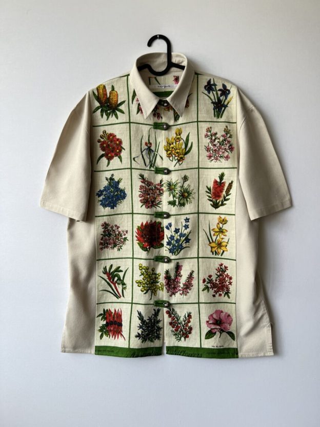 Australian Wildflower Grid Print Cotton Linen Short Sleeve Shirt