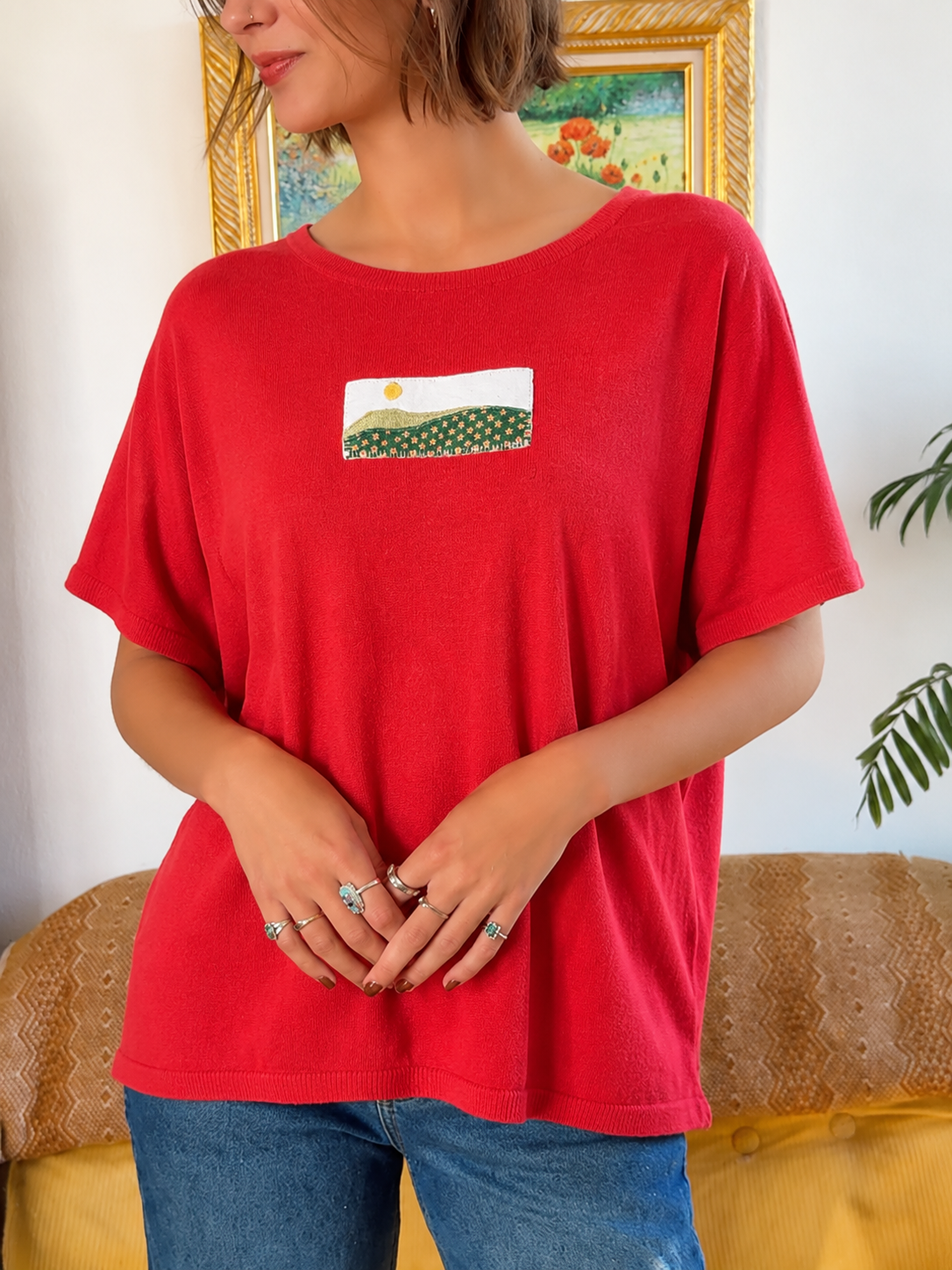 Red Loose Fit Tee With Landscape Chest Patch