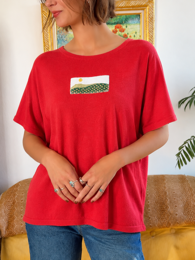 Red Loose Fit Tee With Landscape Chest Patch