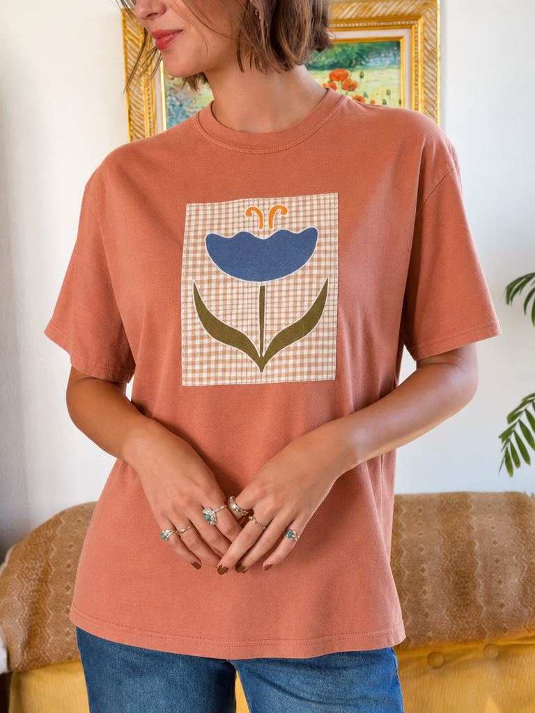 Checkered Floral Patch Crew Neck Tee