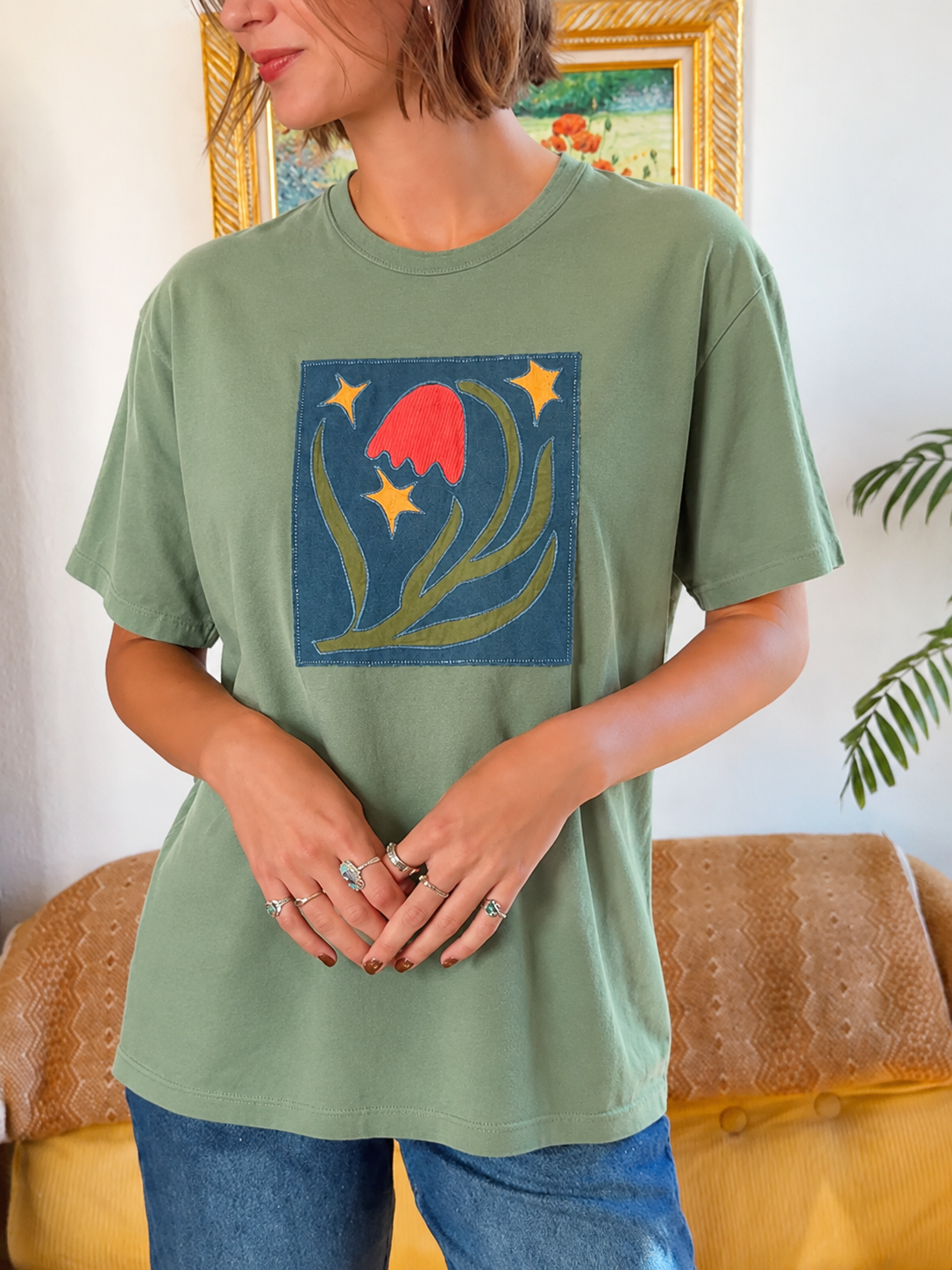 Star & Floral Fabric Patch Crew Neck Tee