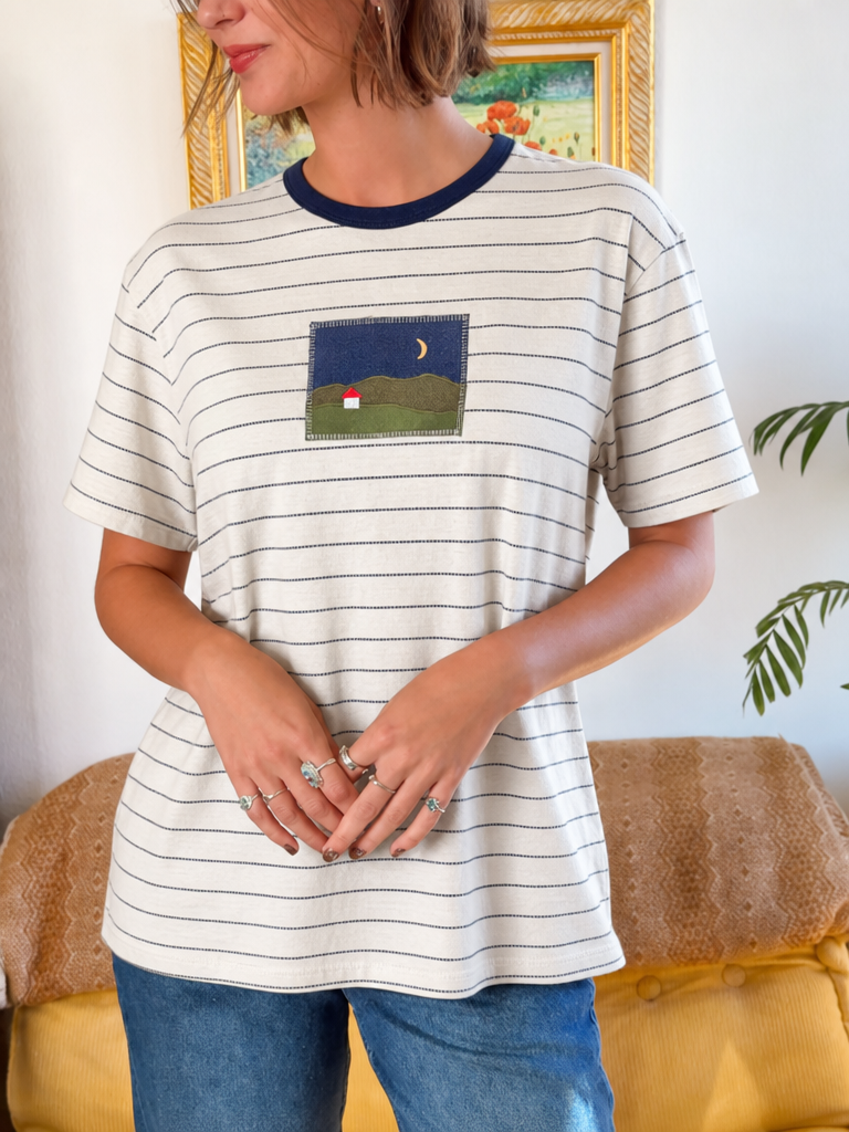 Striped Night Landscape Patch Crew Neck Tee