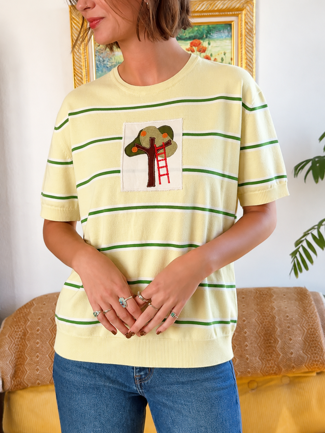 Striped Tree Ladder Patch Short Sleeve Top