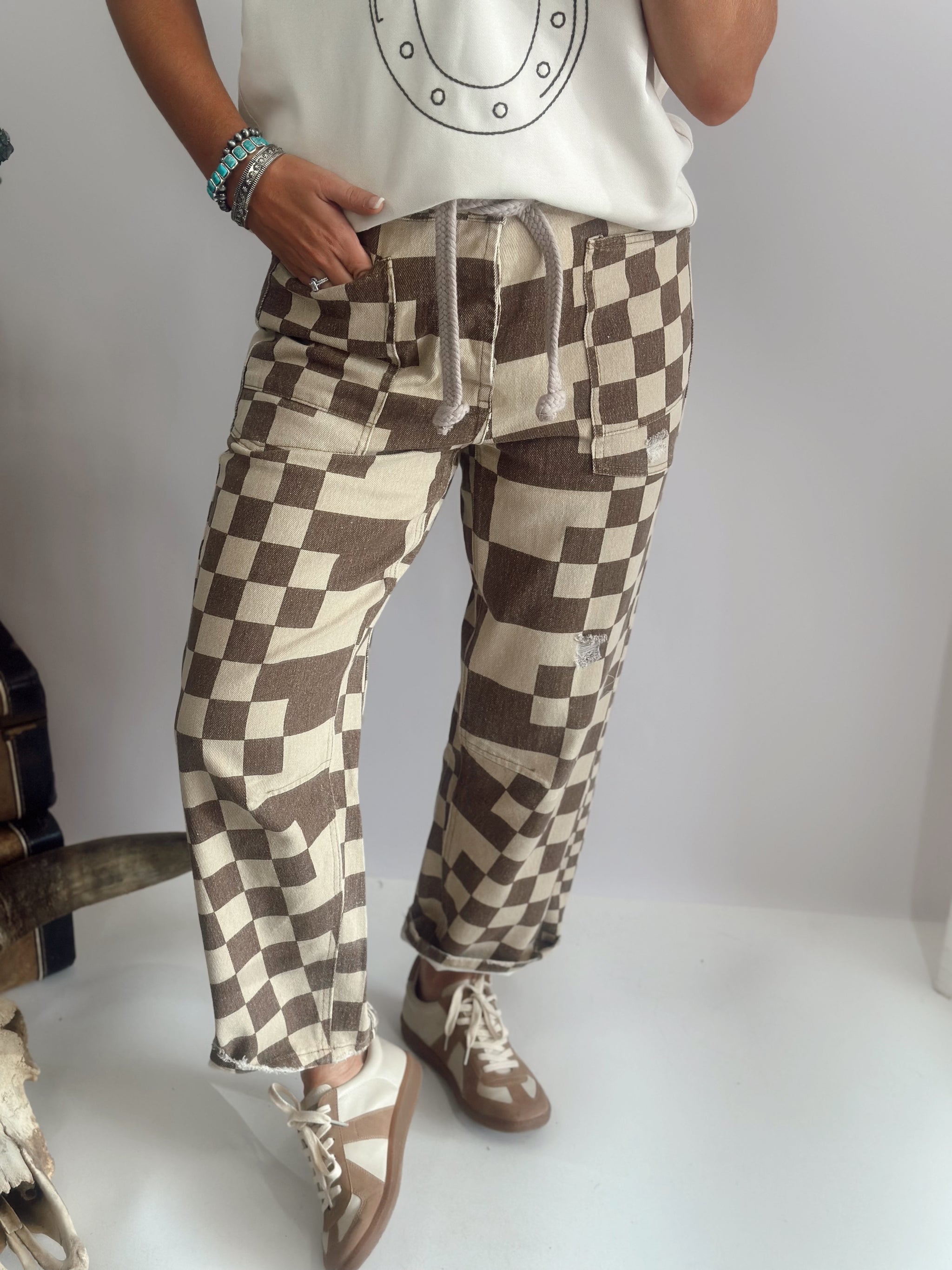 Washed Checkerboard Print Jeans