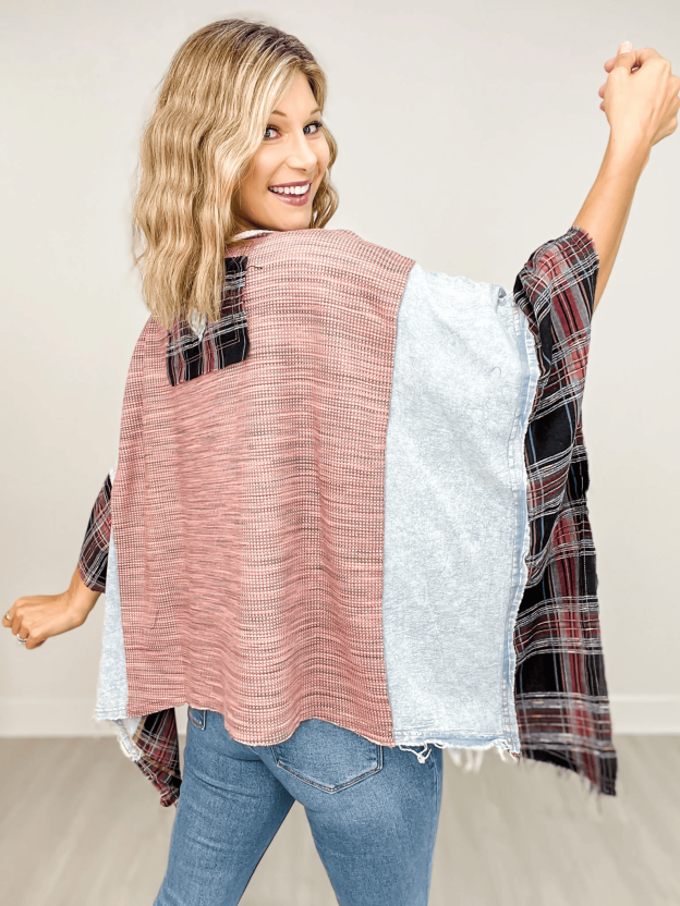 Love Patchwork Detail Mixed Fabric Top