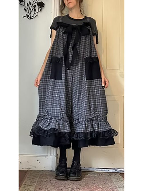 Gray Plaid Flannel Ruffly Bowtie Babydoll Overalls