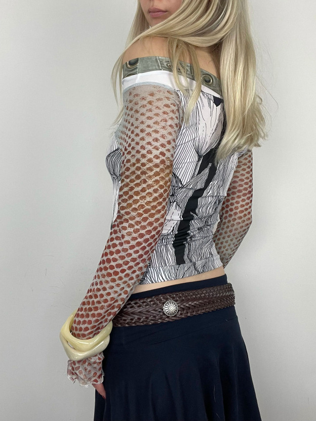 Vintage Floral Print Sheer-Sleeve Off-Shoulder Crop Top