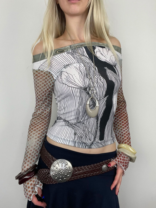 Vintage Floral Print Sheer-Sleeve Off-Shoulder Crop Top