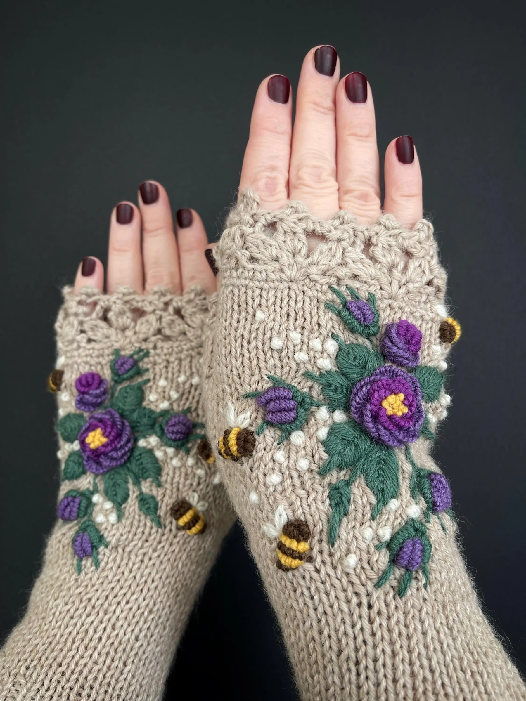 Embroidered Fingerless Wool Mittens, Purple Roses and Bees