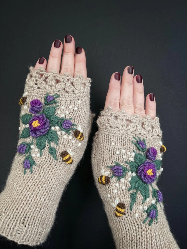 Embroidered Fingerless Wool Mittens, Purple Roses and Bees
