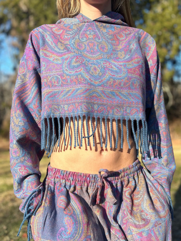 Fringed Cropped Patterned Hoodie