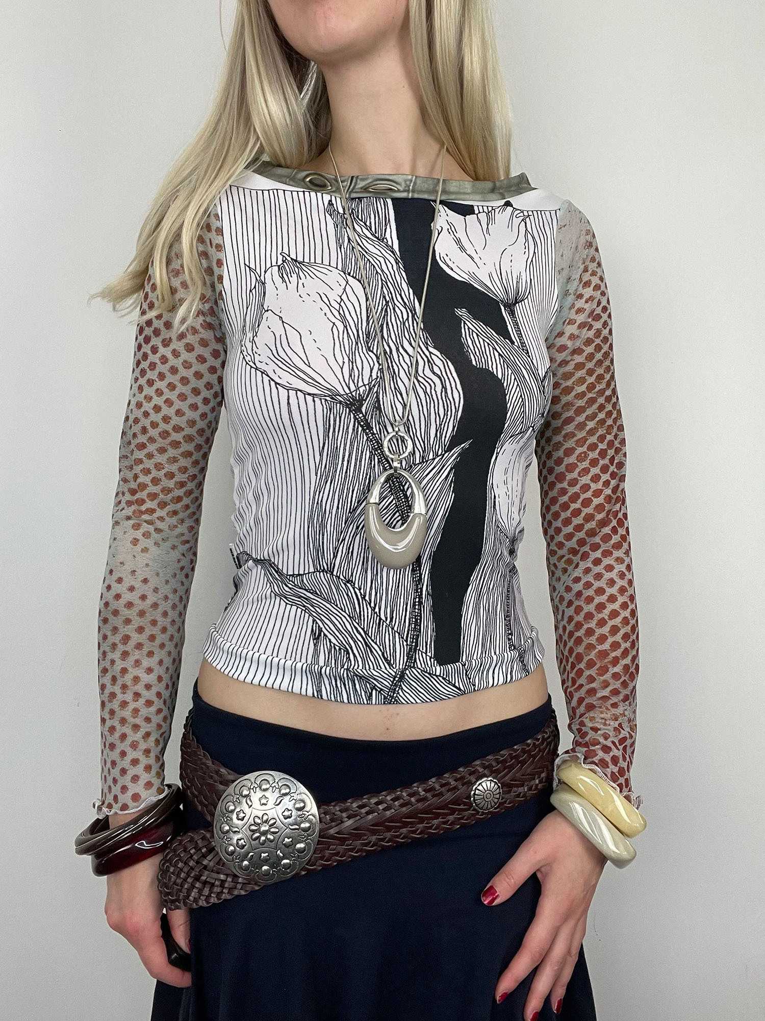 Vintage Floral Print Sheer-Sleeve Off-Shoulder Crop Top