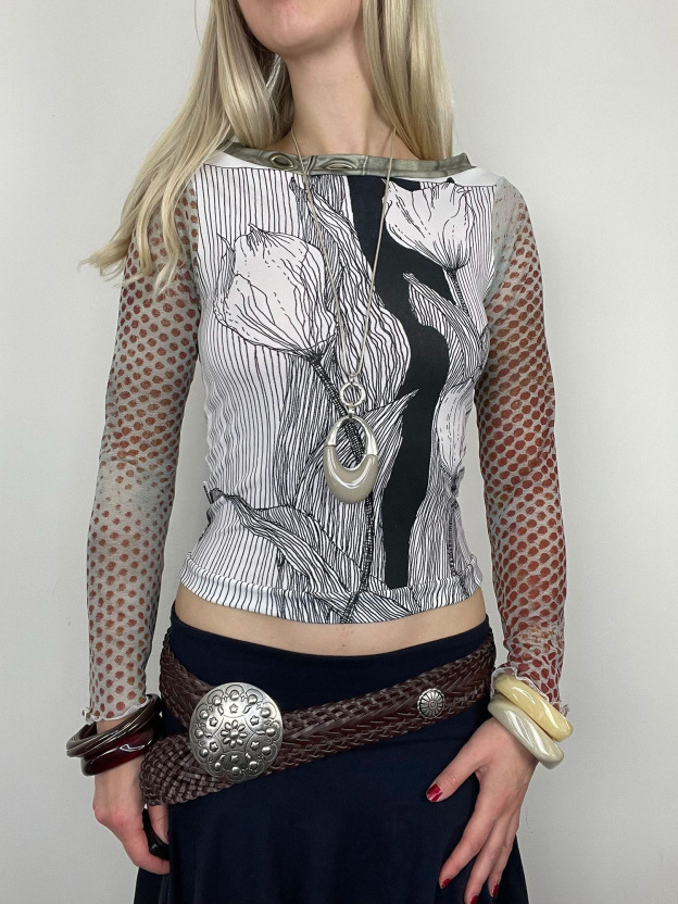 Vintage Floral Print Sheer-Sleeve Off-Shoulder Crop Top