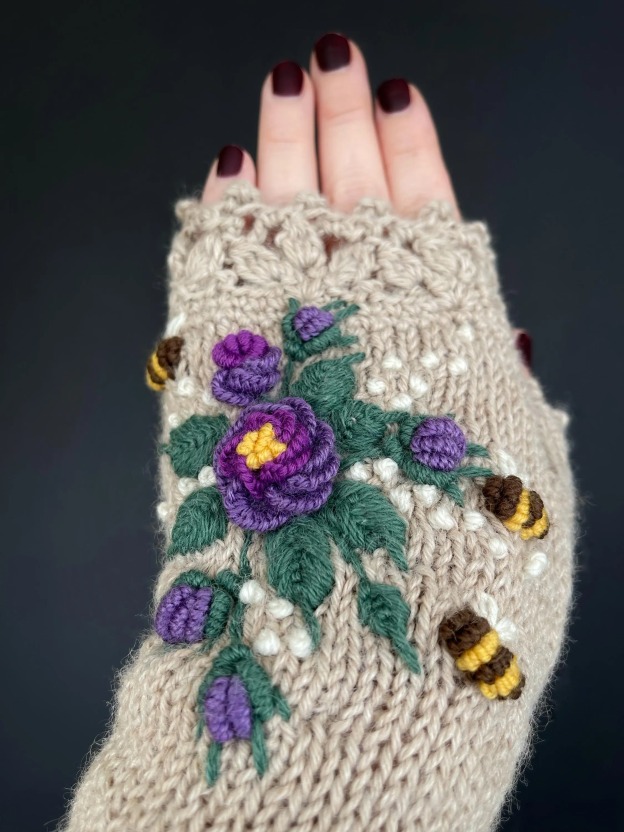 Embroidered Fingerless Wool Mittens, Purple Roses and Bees