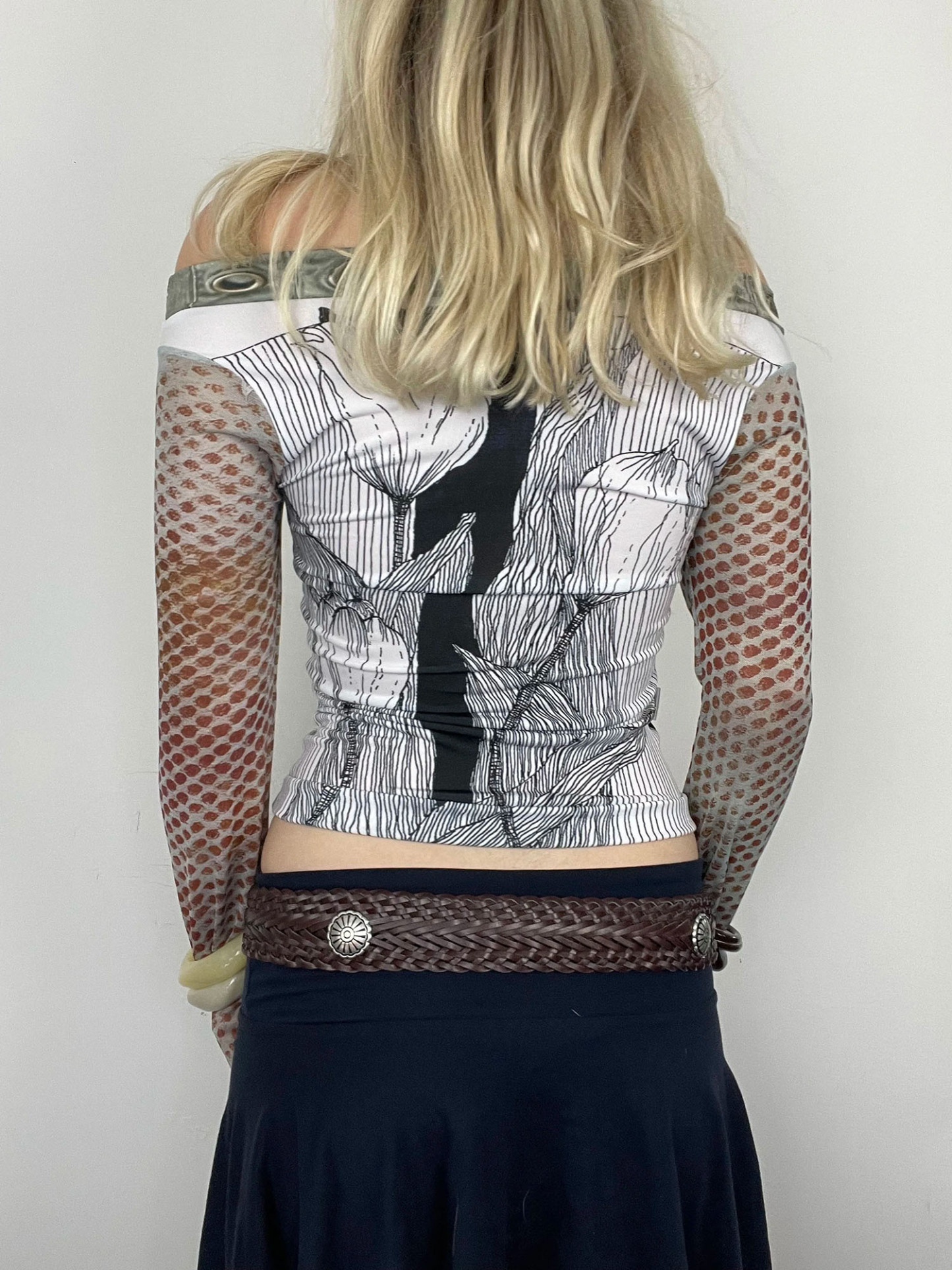 Vintage Floral Print Sheer-Sleeve Off-Shoulder Crop Top