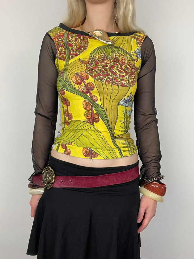 Vintage Floral Print Sheer-Sleeve Off-Shoulder Crop Top