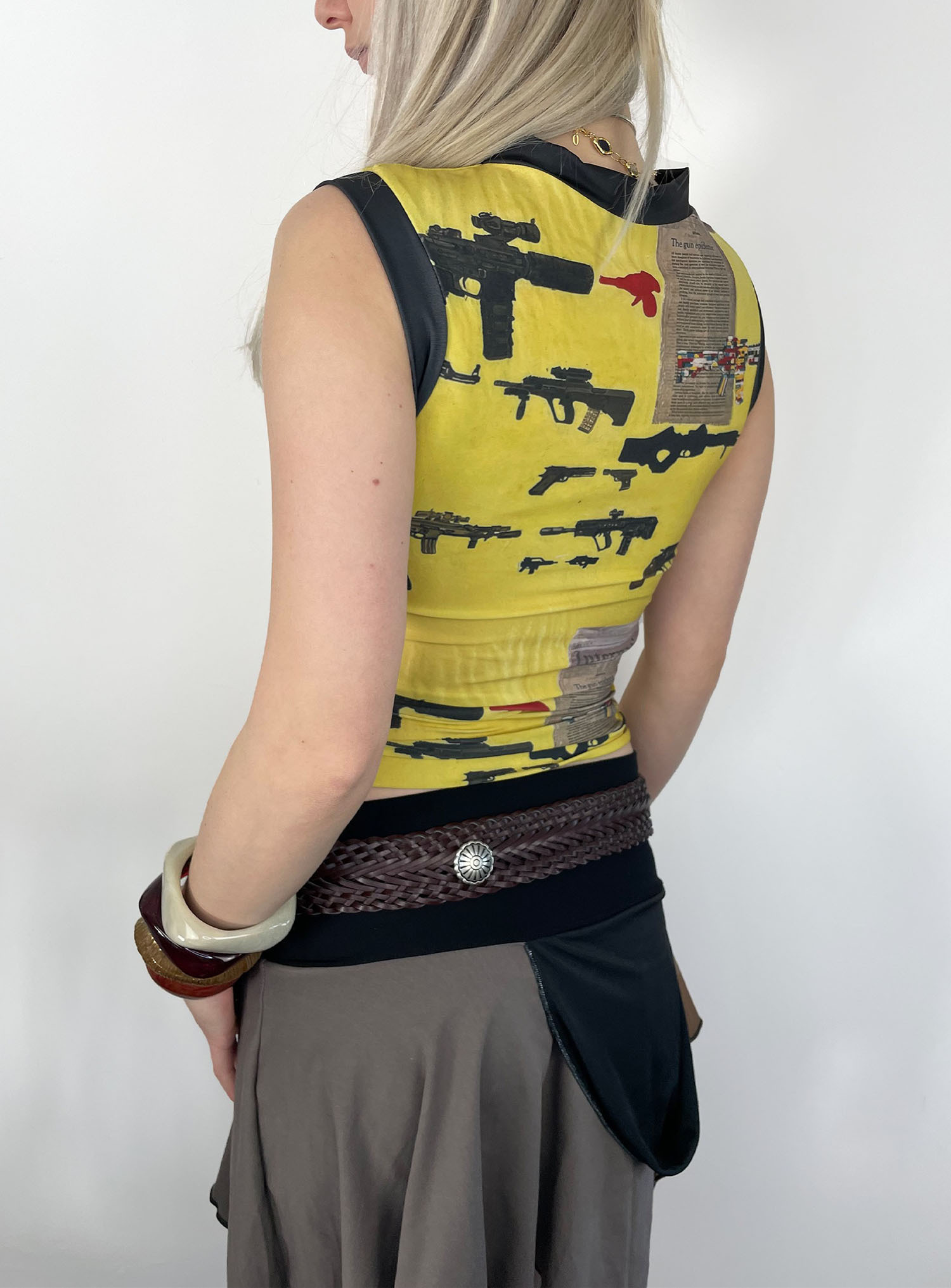 Vintage Gun Print Sleeveless Crop Top