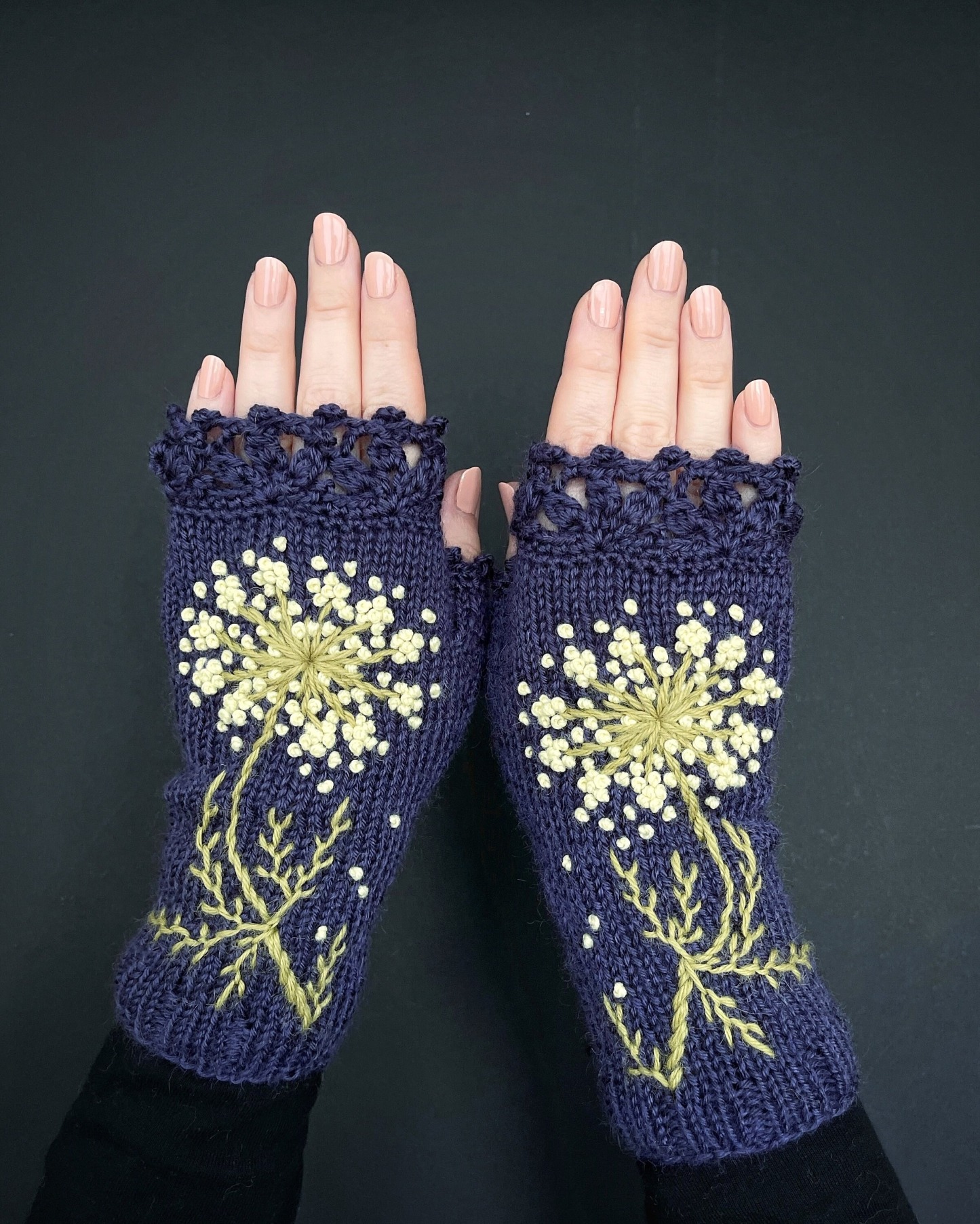 Embroidered Violet Fingerless Gloves: Knitted Wool Blend, Floral Desig